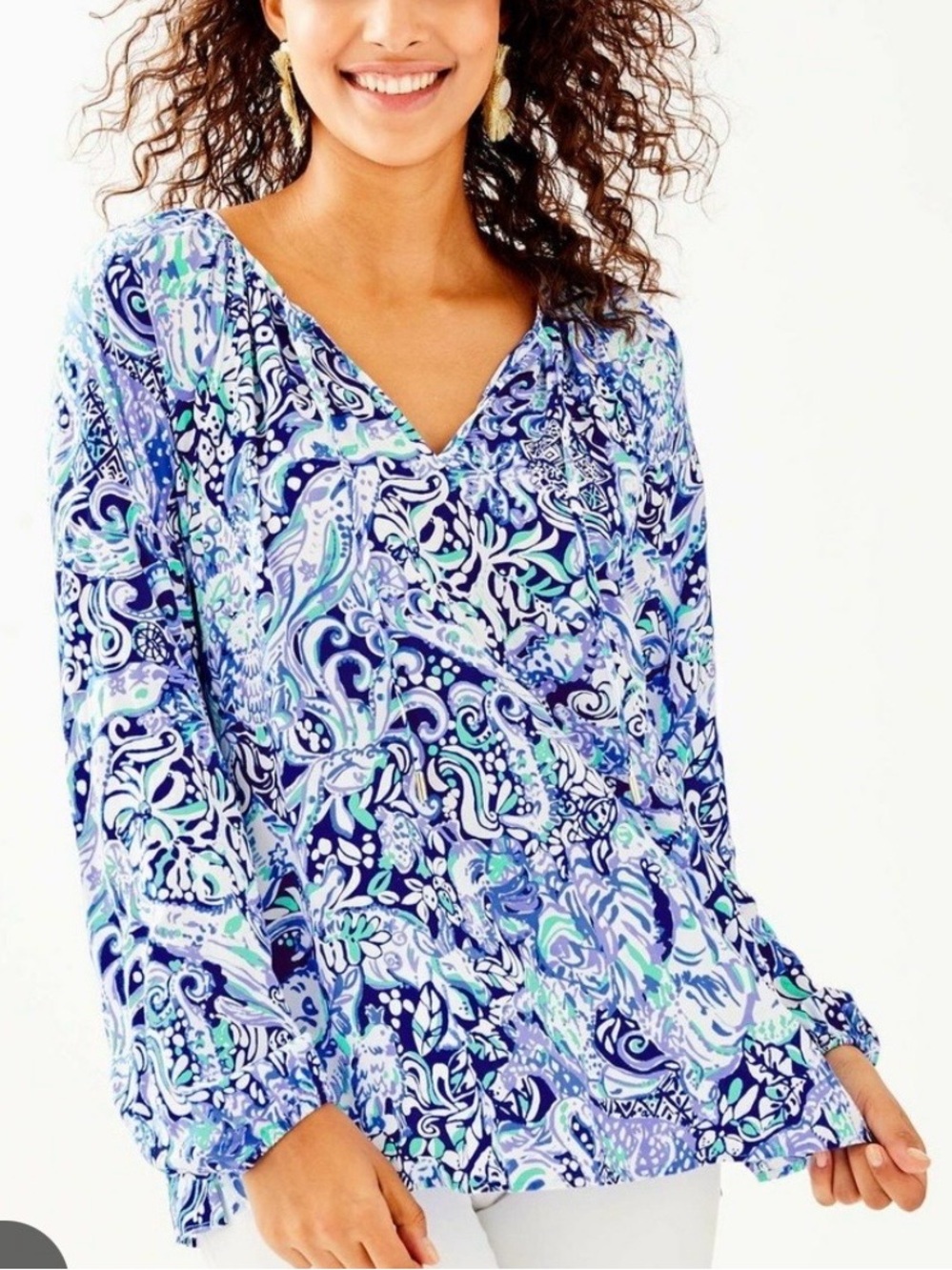 Lilly Pulitzer Willa Coastal Print Long Sleeve Blouse Top XL Bay Blue